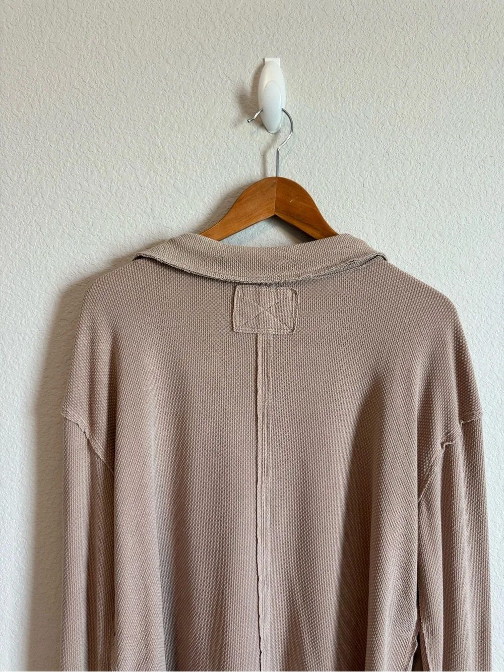 Free People Brown Tan Anakin Collared Thermal Polo Long Sleeve Top Size Large